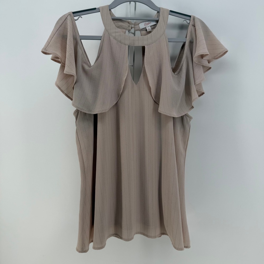 Candies Blouse Womens Large Tan Cold Shoulder Ruffle Keyhole Metallic Boho Party